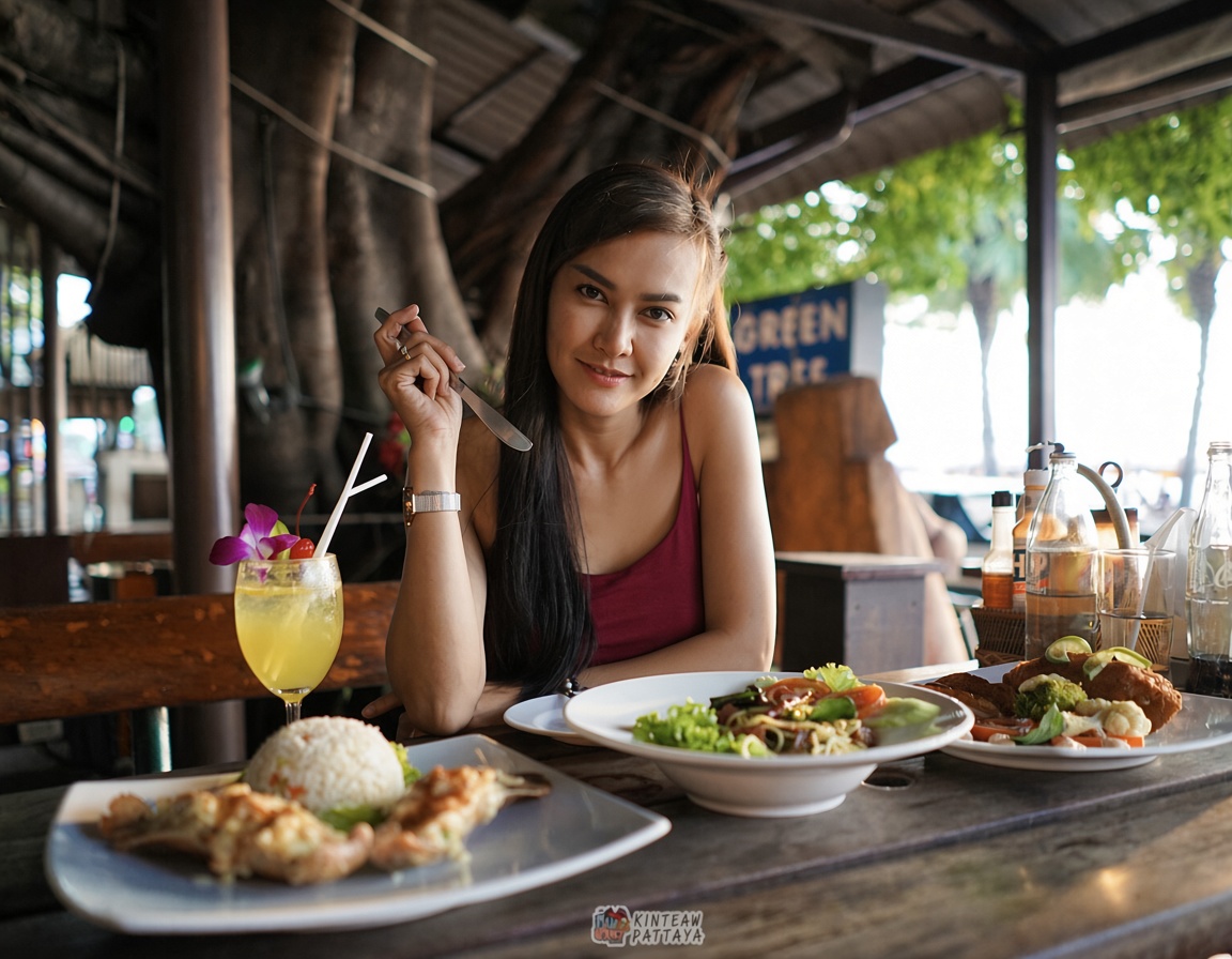 A guest dining at Green Tree, the restaurant sign behind her